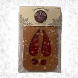 Pair of wooden reindeer hoof stencils in Byard’s Boutique Christmas packaging, with cloven hoof and dewclaw cut-outs.