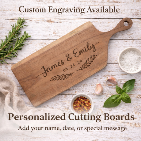Wooden cutting board with engraved text on a rustic wooden surface with herbs and spices.
