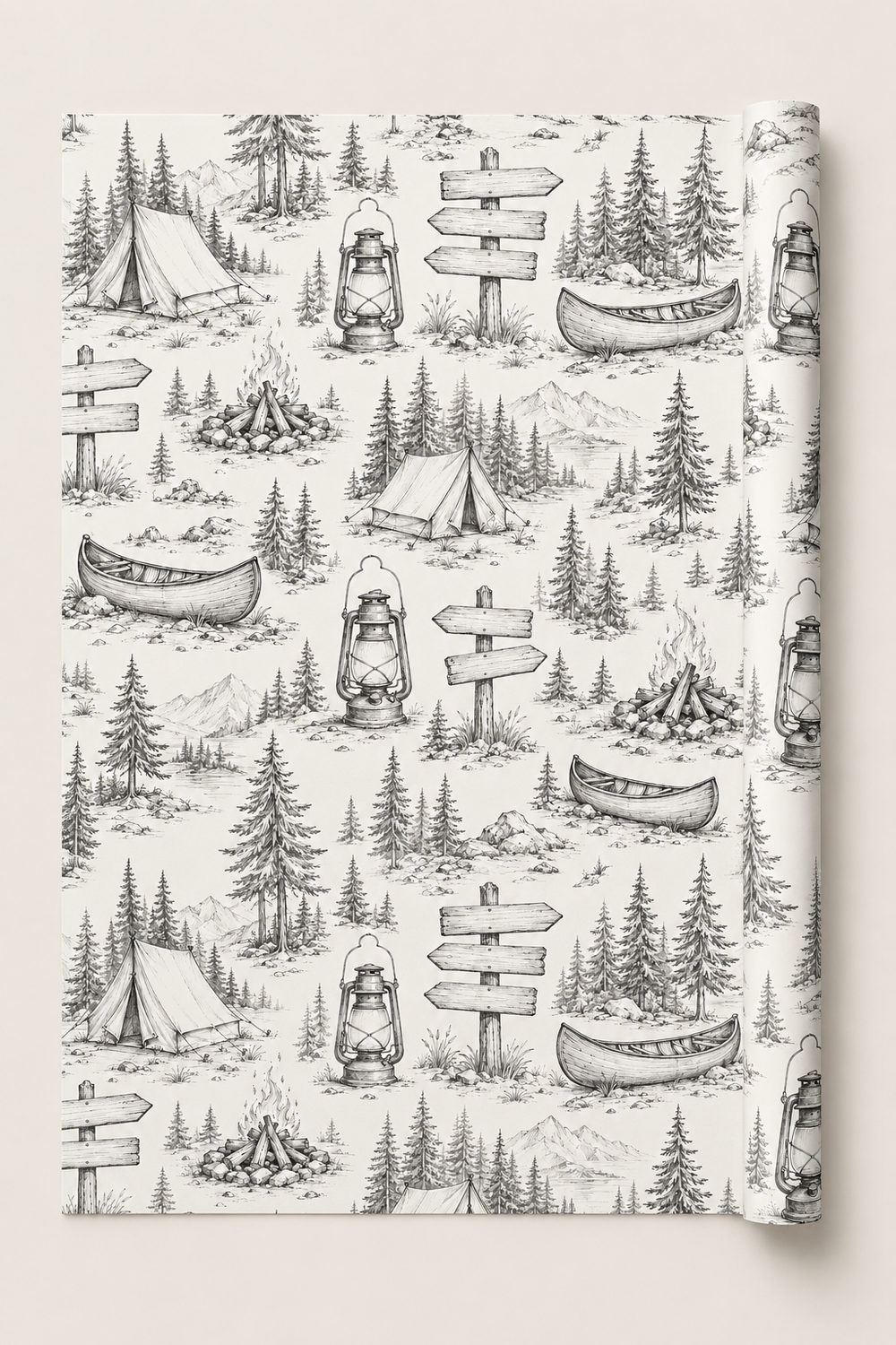 Camping wrapping paper with vintage pencil sketch outdoor adventure artwork.