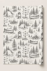 Camping wrapping paper with vintage pencil sketch outdoor adventure artwork.