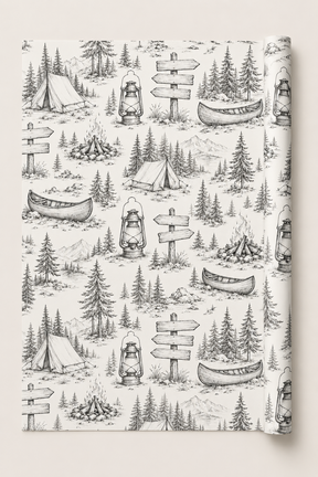 Camping wrapping paper with vintage pencil sketch outdoor adventure artwork.