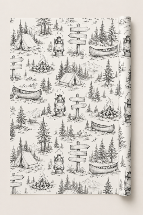 Camping wrapping paper with vintage pencil sketch outdoor adventure artwork.