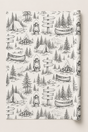 Camping wrapping paper with vintage pencil sketch outdoor adventure artwork.