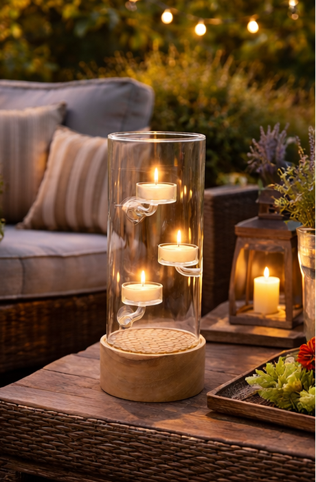 outdoor settings with glass candle holders and candles.