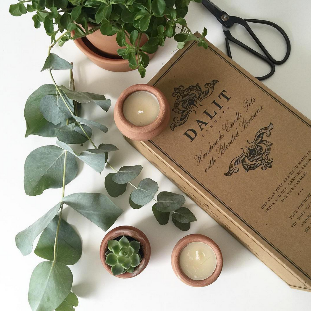 Candle in a small pot with a plant and 'DALIT' box on a white surface