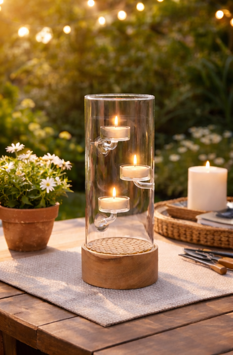 Outdoor settings with glass candle holders and candles.