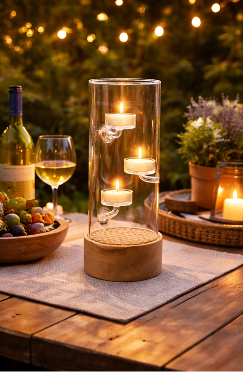 outdoor settings with glass candle holders and candles.