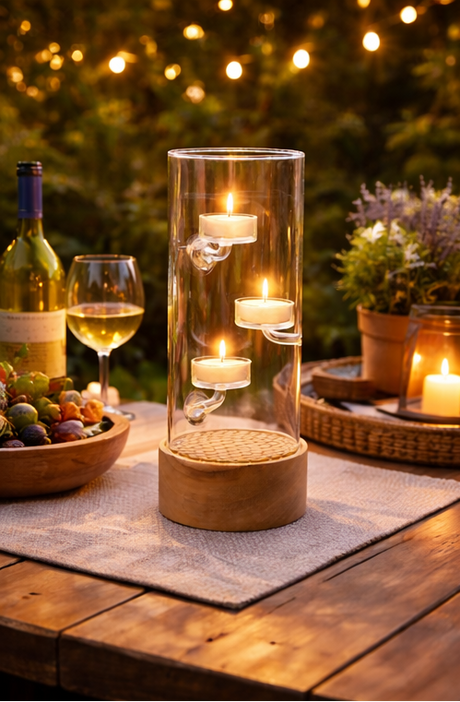 outdoor settings with glass candle holders and candles.