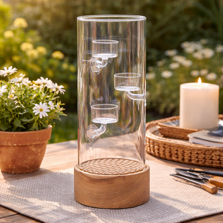 Cascading spiral candle holder on wooden bace with outdoor decor elements.