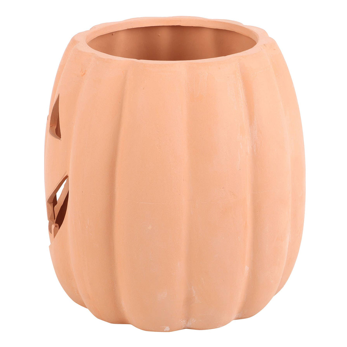 Ceramic pumpkin with jack-o'-lantern face on a white background