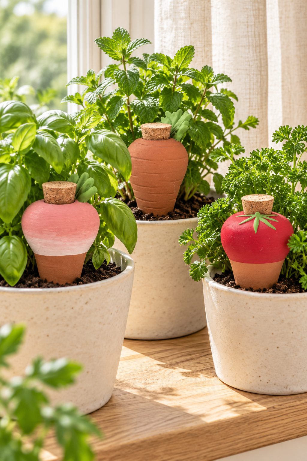 Terracotta Watering Spikes – Vegetable Designs, Set of 3