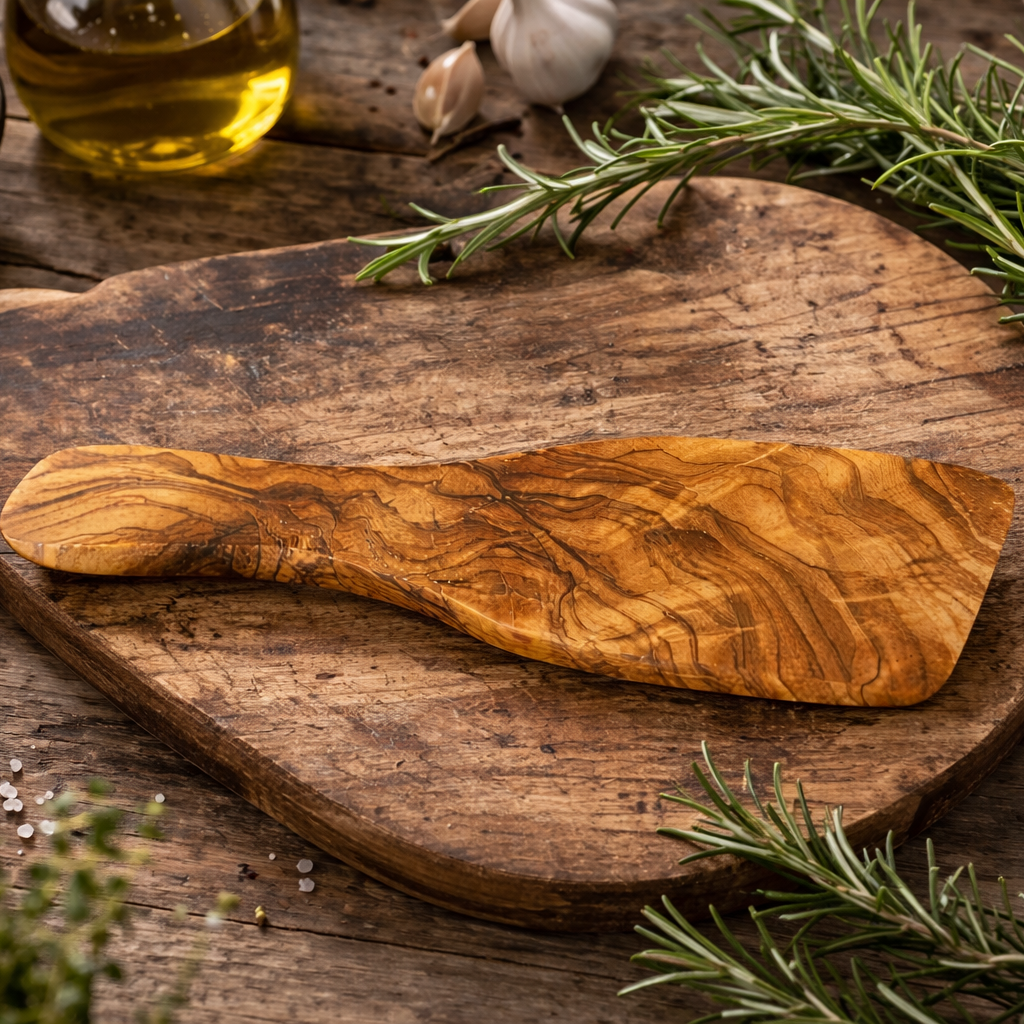 Wooden cutting board with a wooden spoon on a rustic background with herbs and spices.