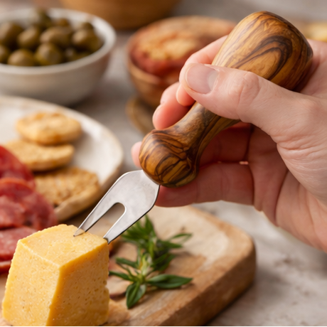 Set of wooden cheese knives with a rustic setting featuring cheese and olives.