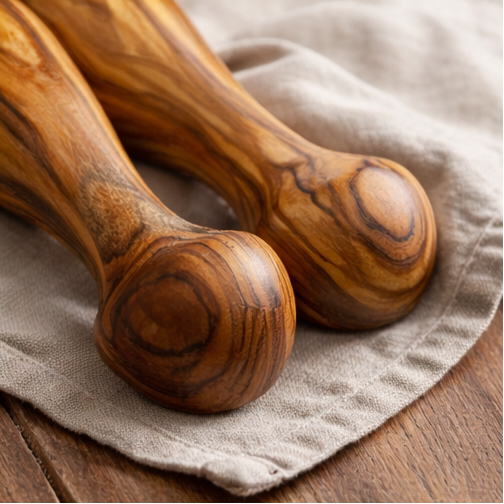 Set of wooden cheese knives with a rustic setting featuring cheese and olives.