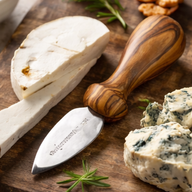 Set of wooden cheese knives with a rustic setting featuring cheese and olives.