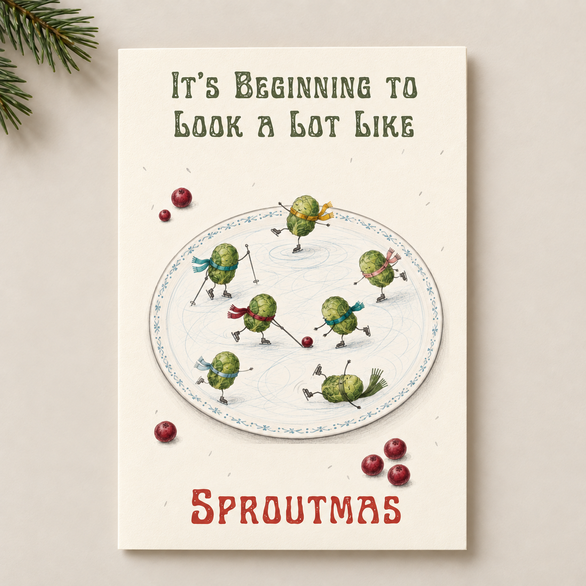 A greeting card featuring a whimsical illustration of green sprout-like characters playing hockey on a white plate, with the text 'It's Beginning to Look a Lot Like Sproutmas' on a cream background. The card is styled on a light beige surface with pine needles and red berries.