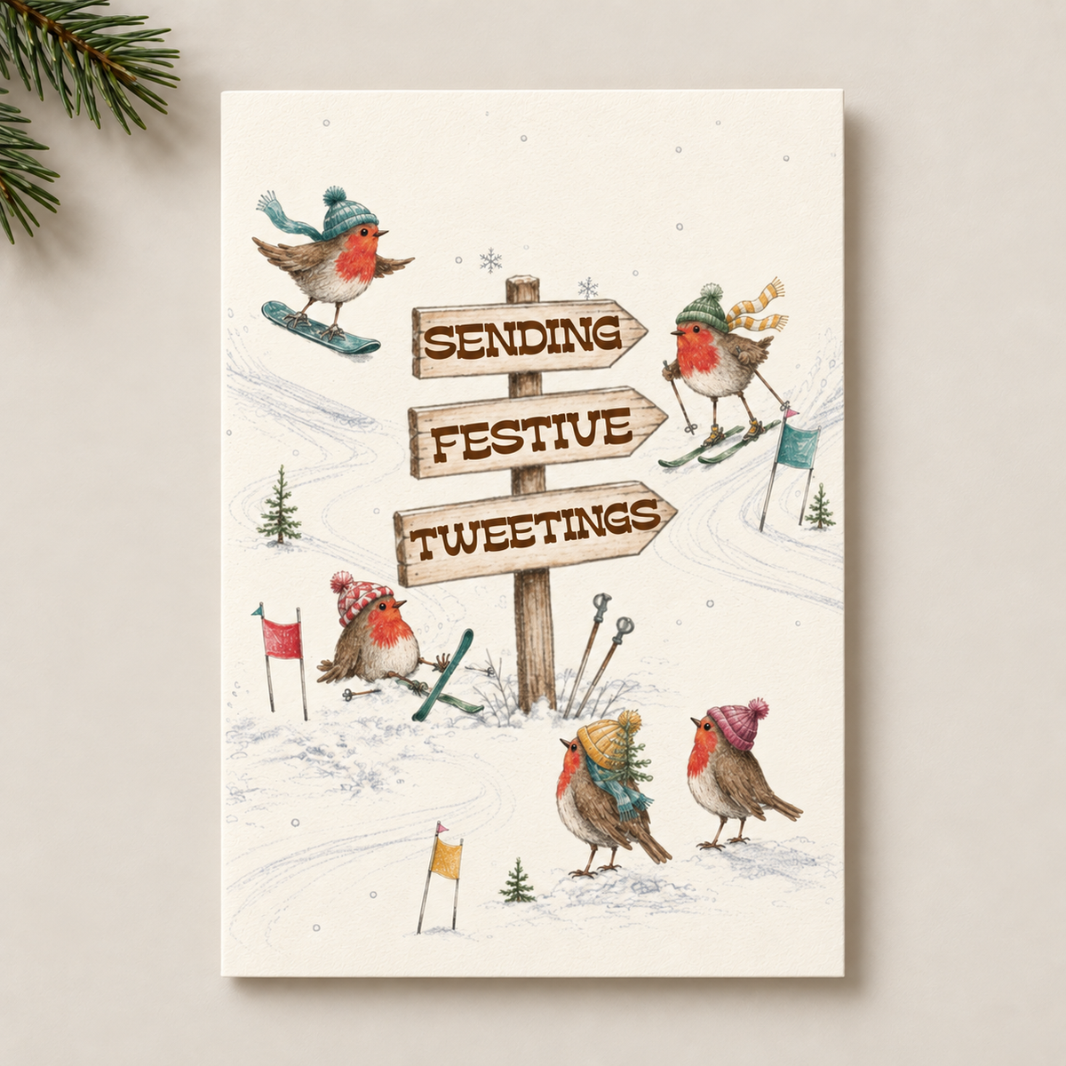 A greeting card featuring a winter ski scene with several robin birds and a wooden signpost that reads 'SENDING FESTIVE TWEETINGS,' shown against a light neutral background with pine branches at the top left.