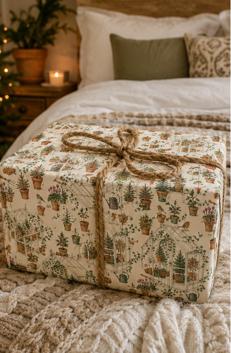 Illustrated Christmas wrapping paper featuring glasshouses, potted fir trees, holly, ivy, robins, terracotta pots, watering cans, hand forks, twine, seed trays, cyclamen and citrus trees. The pencil-sketch design uses muted green, terracotta, berry red, orange and pink on a warm ivory background.