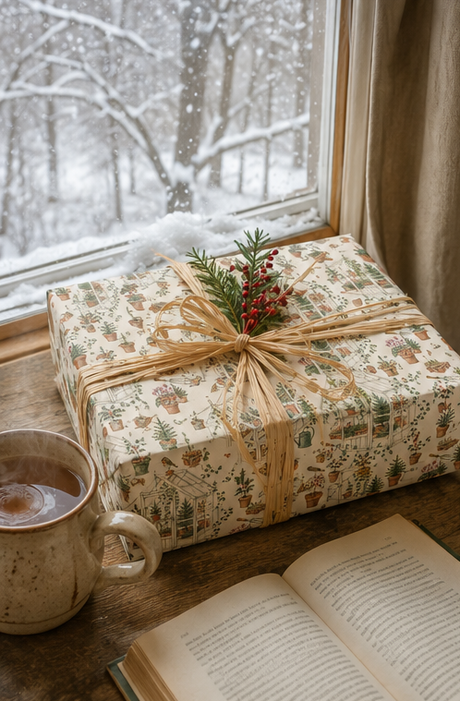 Illustrated Christmas wrapping paper featuring glasshouses, potted fir trees, holly, ivy, robins, terracotta pots, watering cans, hand forks, twine, seed trays, cyclamen and citrus trees. The pencil-sketch design uses muted green, terracotta, berry red, orange and pink on a warm ivory background.