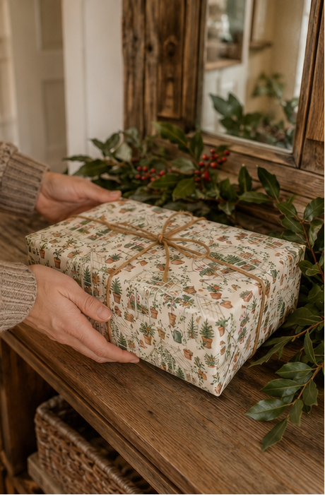 Illustrated Christmas wrapping paper featuring glasshouses, potted fir trees, holly, ivy, robins, terracotta pots, watering cans, hand forks, twine, seed trays, cyclamen and citrus trees. The pencil-sketch design uses muted green, terracotta, berry red, orange and pink on a warm ivory background.