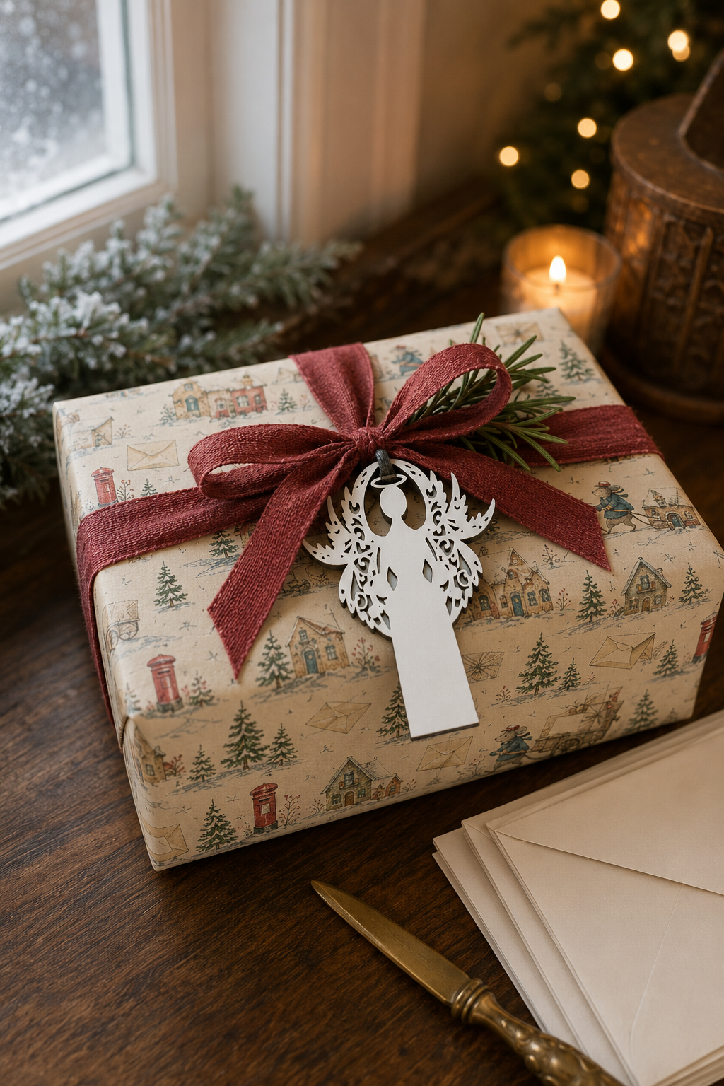 White filigree angel gift tag on a parcel wrapped in Christmas Post Mouse paper on a festive writing desk.