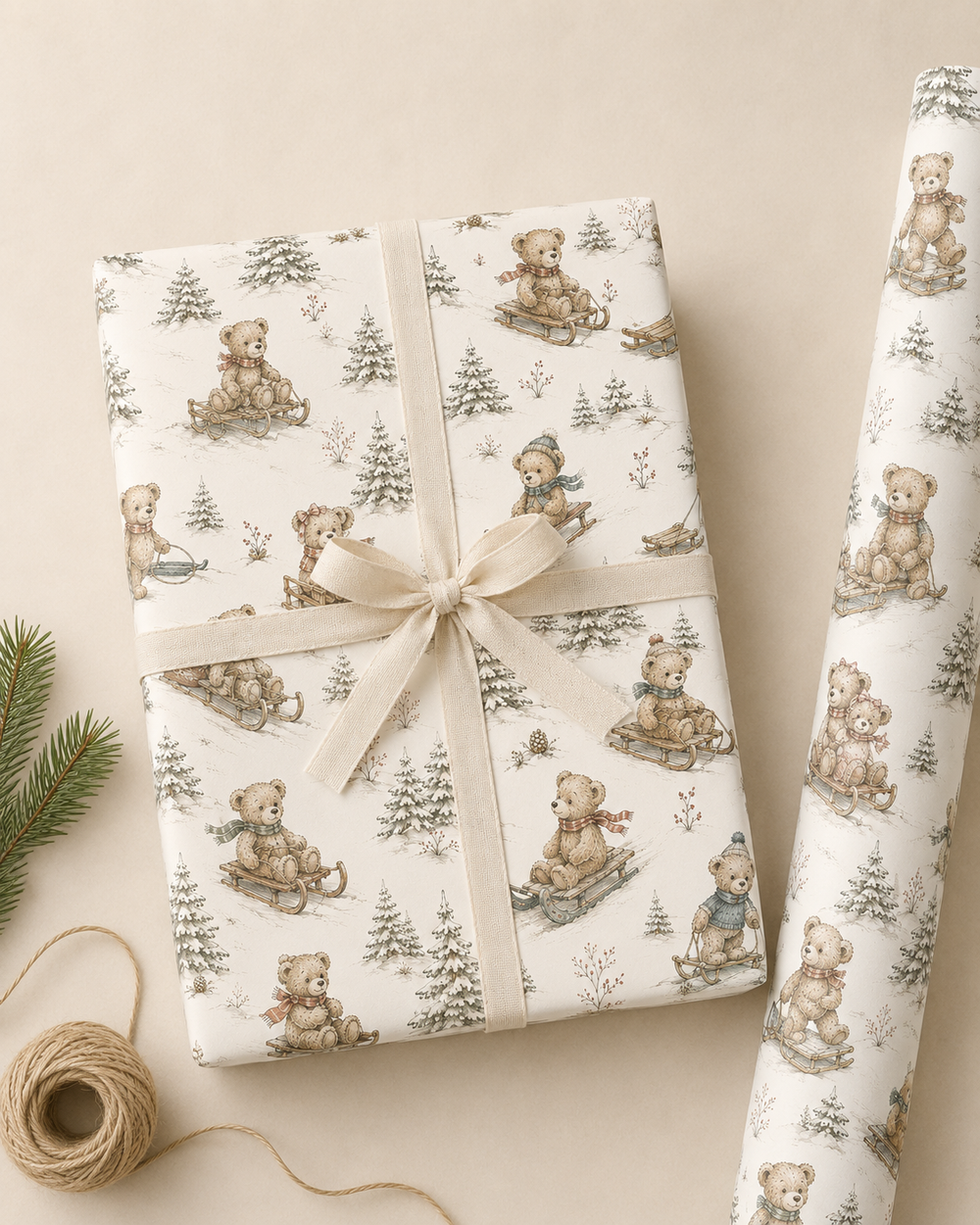 Christmas Teddy Bear Tobogganing wrapping paper with vintage festive pencil sketch artwork.