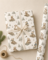 Christmas Teddy Bear Tobogganing wrapping paper with vintage festive pencil sketch artwork.