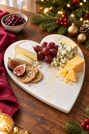 Heart-shaped cheese board made from natural white marble, for presenting cheese and accompaniments. Measures 23cm wide × 27cm long × 1.5cm thick.