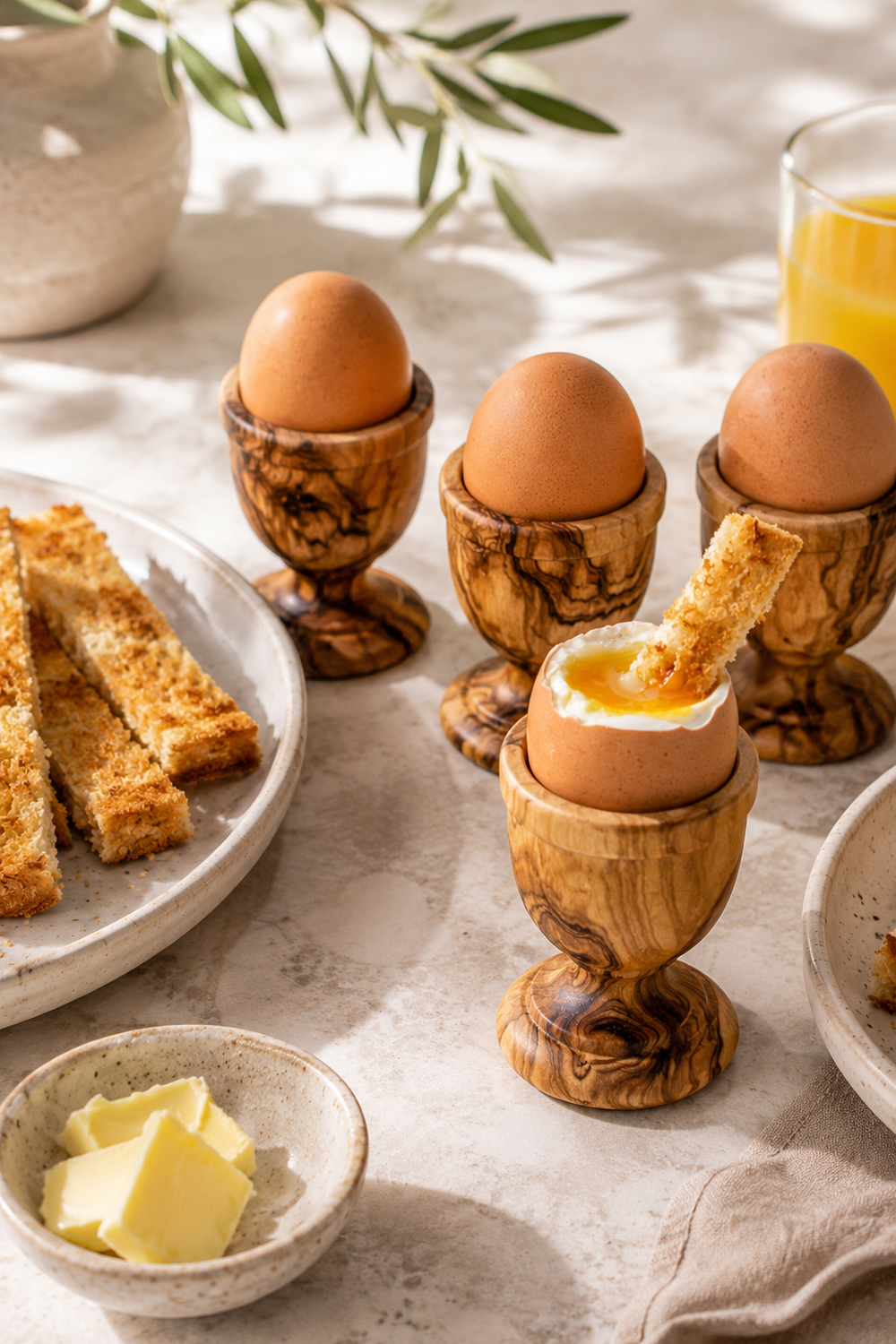 Classic wooden egg holders made from natural olive wood