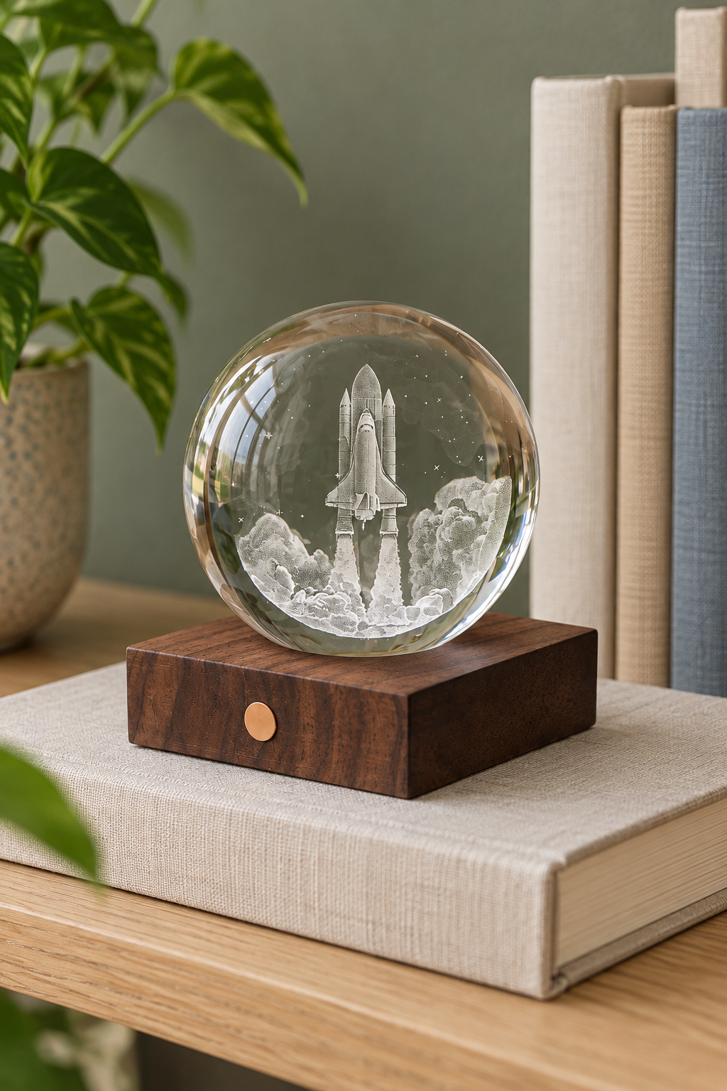 Discovery Launch crystal lamp on an oak desk beside a blue notebook, with a framed moon photograph behind.