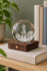 Discovery Launch crystal lamp on an oak desk beside a blue notebook, with a framed moon photograph behind.