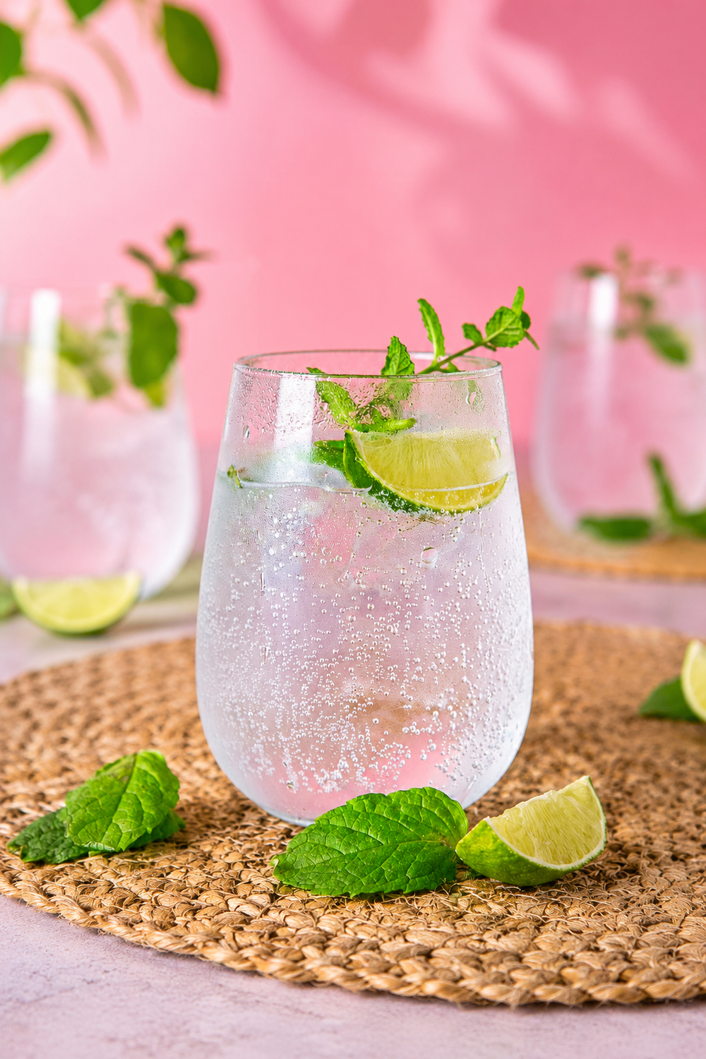 Clear glass of sparkling water with lime and mint on a woven mat against a pink background