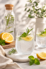 Clear stemless wine glass of sparkling water with lemon and mint on a marble surface, with lemons and herbs in the background.