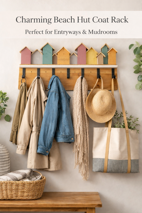 Beach hut coat rack with hooks holding coats, a hat, and a bag against a white wall.