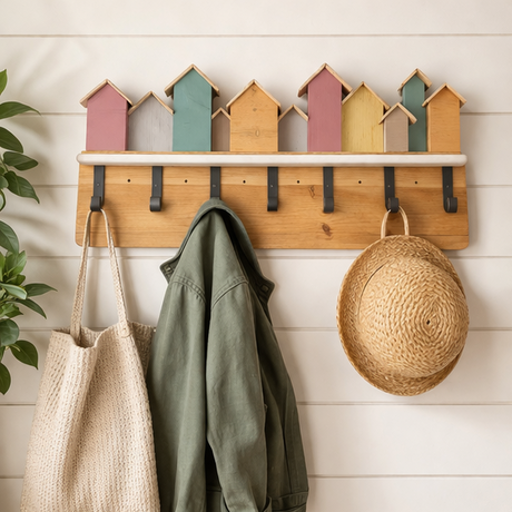 wooden coat rack with colourful beach houses and various items hanging on it.