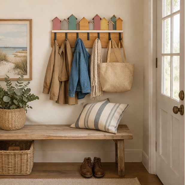 Entryway with wooden bench, coat rack, and shoes on a neutral background