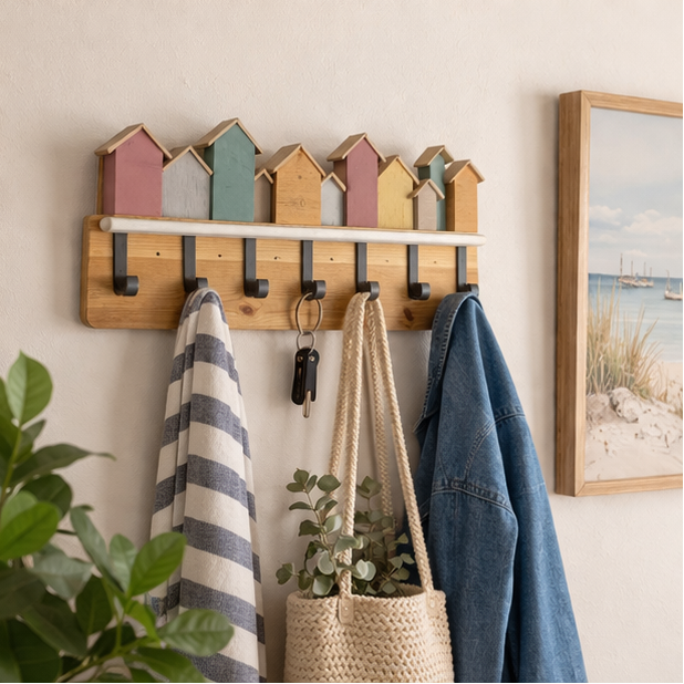a wooden coat rack with colourful beach houses and various items hanging on it.