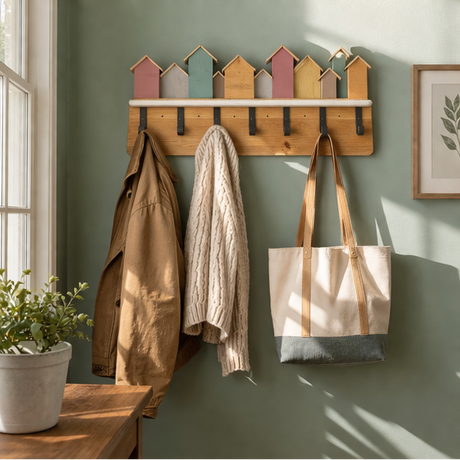 Wooden hook rack with colourful beach houses on a green wall with coats and a bag hanging.