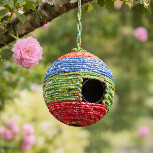 Colourful woven birdhouse hanging in a garden setting with flowers and plants.