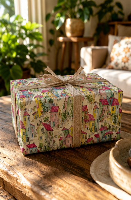 A gift box wrapped in a Colourful Village Watercolour Wrapping Paper, vintage-style village patterned paper with a rustic jute twine bow, sitting on a wooden table in a sunlit living room.