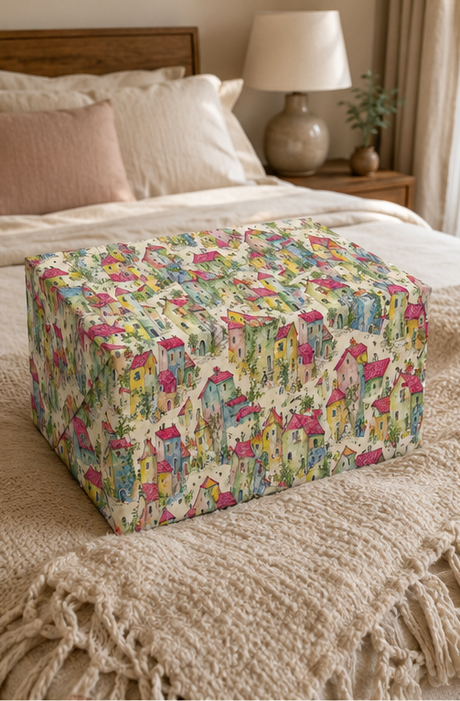 Gift wrapped in a Colourful Village Watercolour Wrapping Paper, placed on a cozy beige knit blanket on a bed in a bedroom setting.