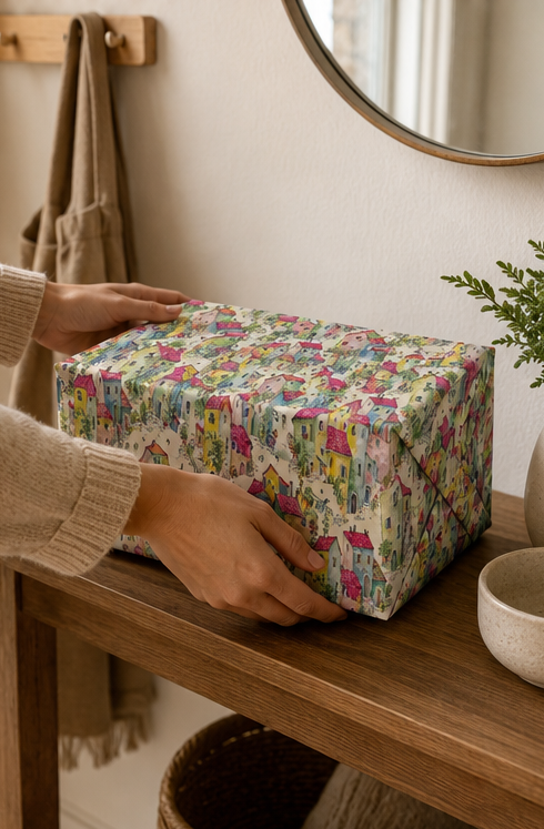 A person's hands are shown holding a gift wrapped in a Colourful Village Watercolour Wrapping Paper, rustic indoor setting.