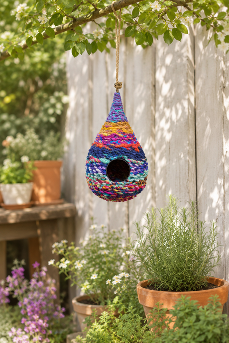 Colorful knitted birdhouse hanging from a branch with a wooden fence and plants in the background