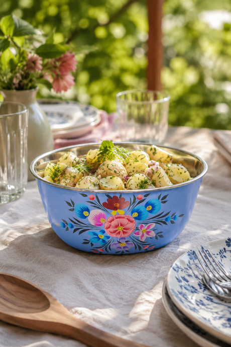 Decorative floral-patterned bowl filled with salad on a table outdoors.