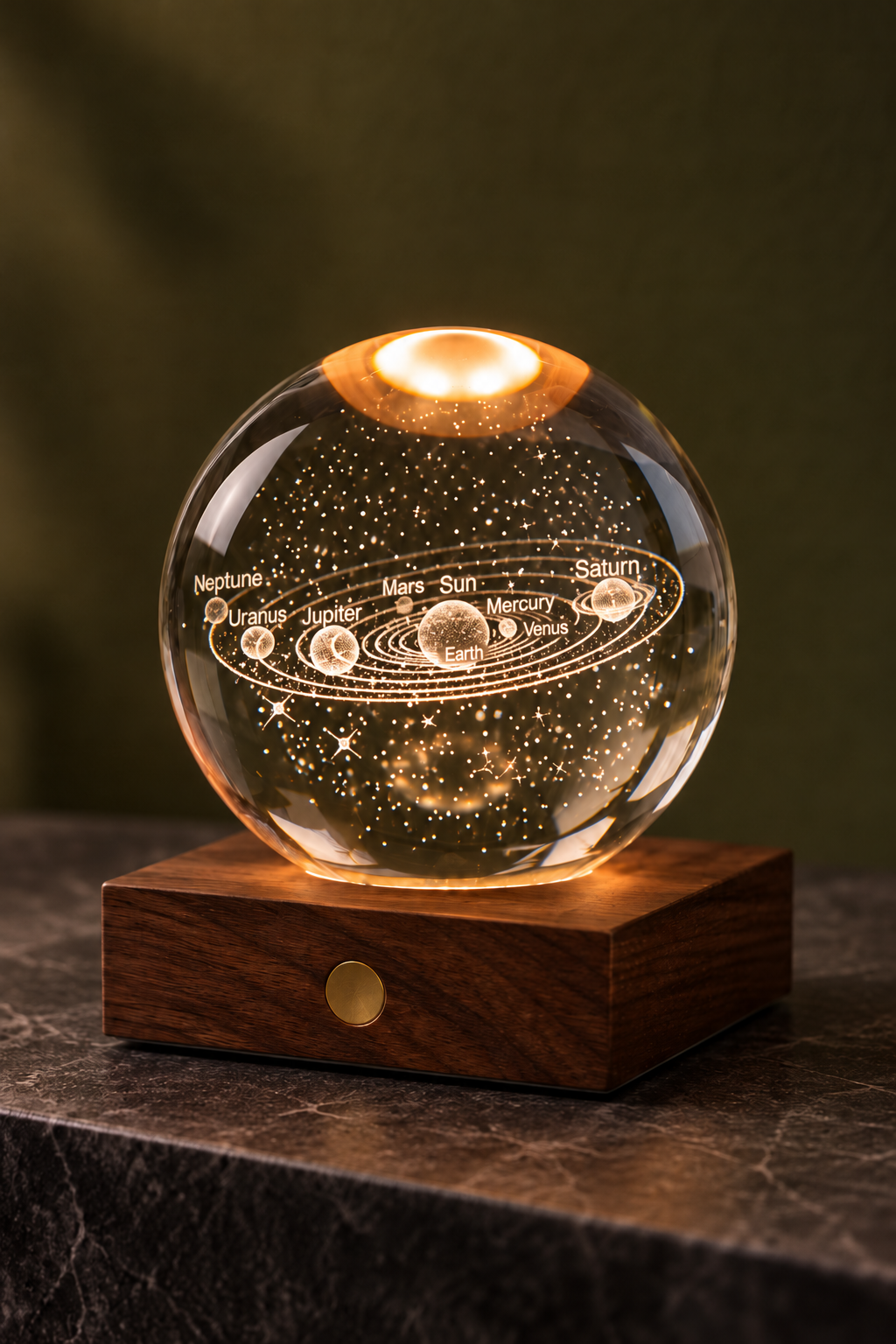 Solar System crystal light glowing amber on a square walnut base, displayed on a pale stone surface.