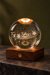 Solar System crystal light glowing amber on a square walnut base, displayed on a pale stone surface.