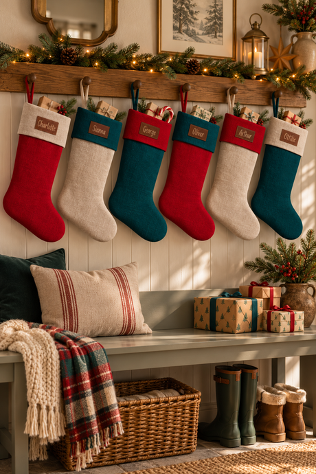 Five Christmas stockings in red, Forest Green, and Natural linen hang on a wooden mantel decorated with evergreen garland and warm string lights. A bench below holds pillows, a knit throw, wrapped gifts, boots, and a wicker basket in a cozy holiday living room setting.