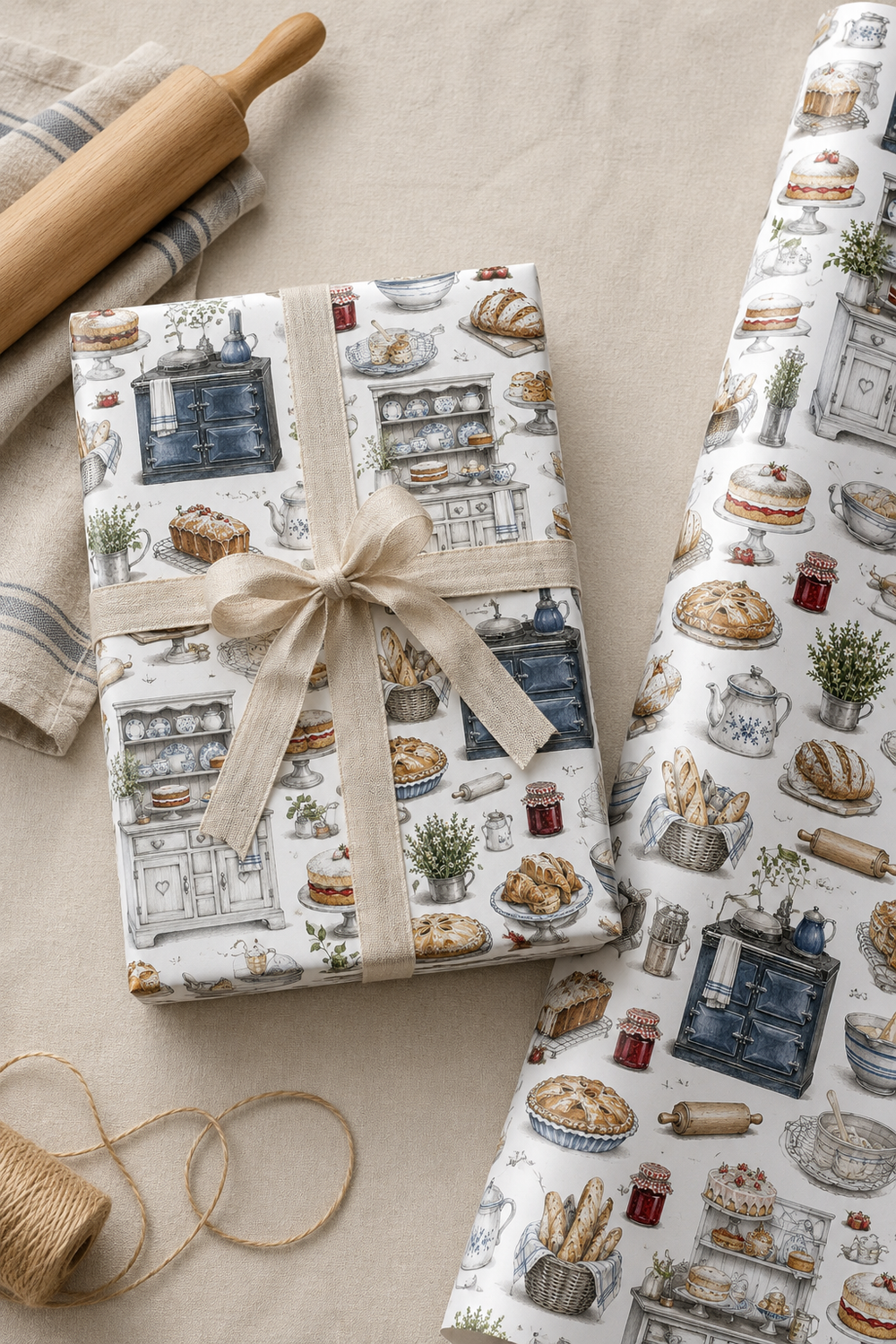 Cottage kitchen wrapping paper with pencil-style baking illustration on a white background.