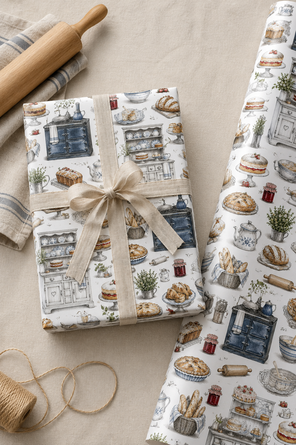 Cottage kitchen wrapping paper with pencil-style baking illustration on a white background.