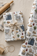 Cottage kitchen wrapping paper with pencil-style baking illustration on a white background.